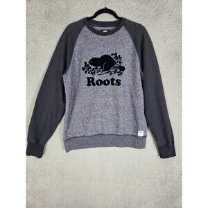 Roots Canada Sweatshirt M Gray Crewneck Velvet Beaver Logo Fleece Pullover